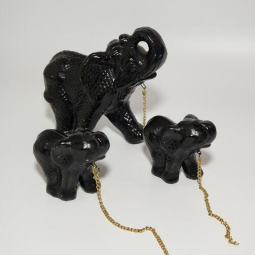 Vintage Ceramic Black Elephant Mom 2 babies Figurines with chains Trunks…